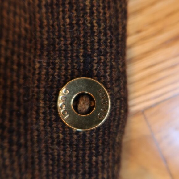 GUCCI camel hair knit sweater brown black gold logo buttons S ITALY office lux - Picture 5 of 11